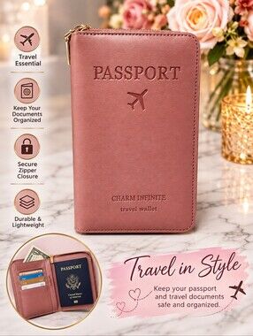 ROSE PINK ZIPPER PASSPORT TRAVEL WALLET "NEW"